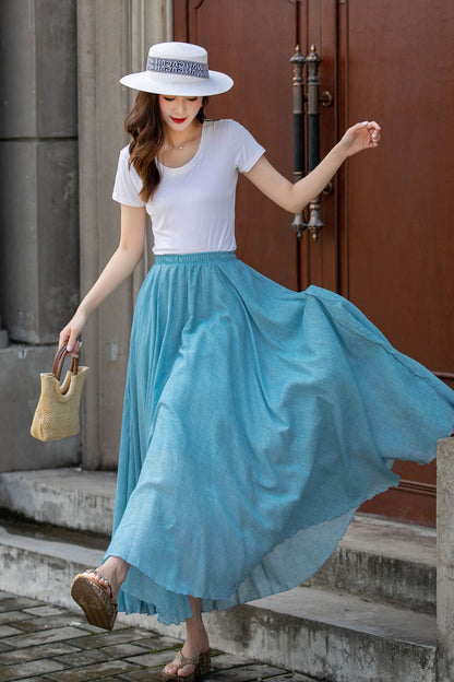 Blue Cotton-Linen Long Circle Skirt - Pleated Waist, Elastic Fit 4412