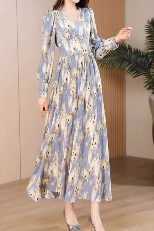 High waist prom long sleeves floral dress 5063