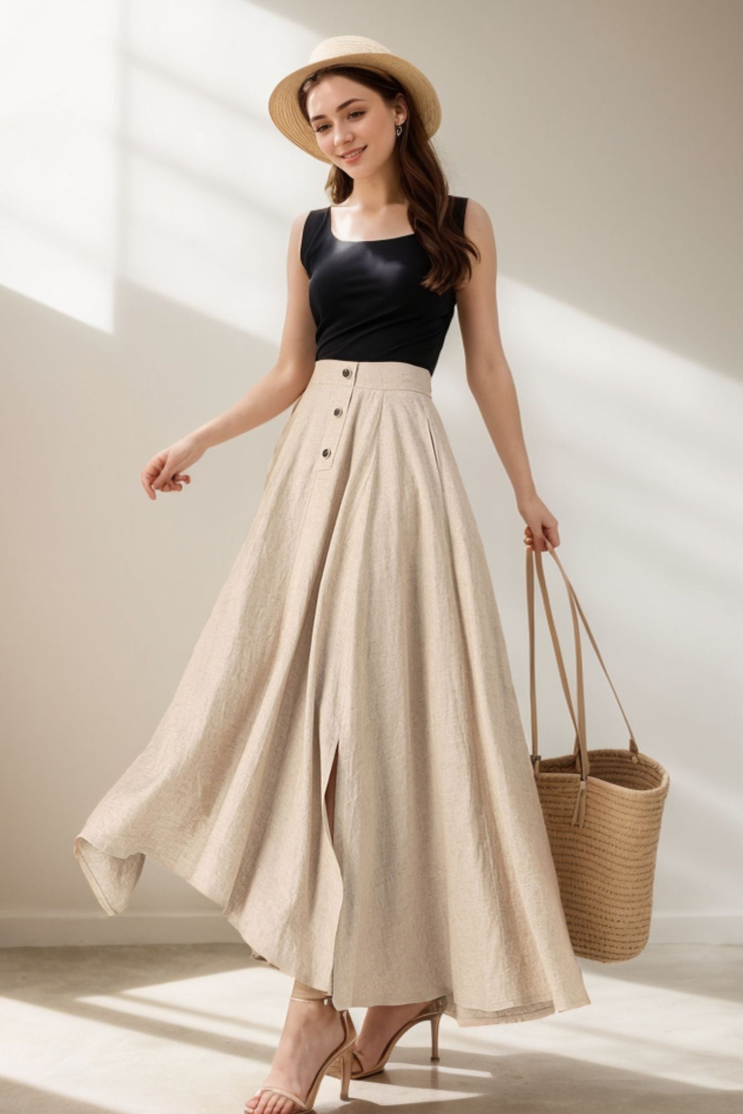 A line beige maxi linen skirt women 5069