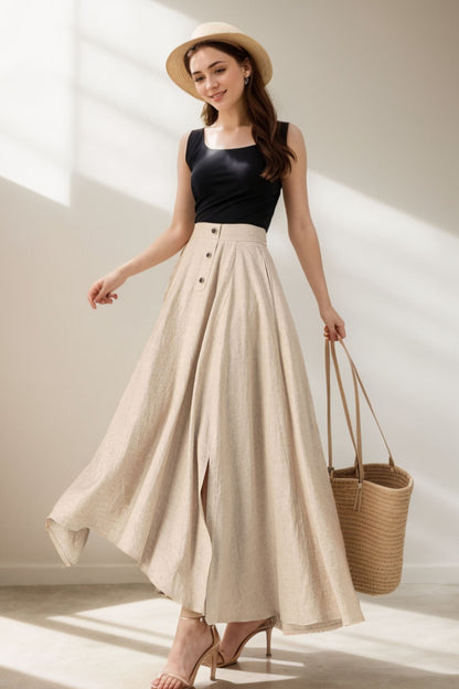 Beige Linen Cotton Maxi Skirt - A-Line with Front Buttons 5069
