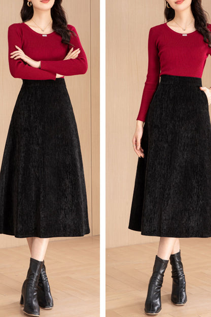 Midi black autumn/winter skirt women 6195