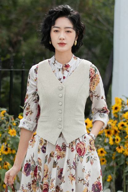 Beige Linen Cotton Vest - V-Neck Tailored Fit | Xiaolizi 6754