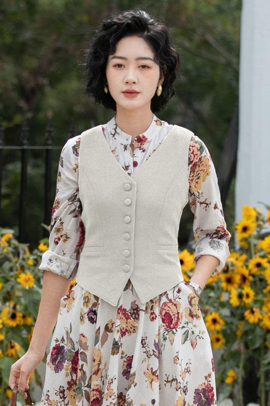 Beige Linen Cotton Vest - V-Neck Tailored Fit | Xiaolizi 6754