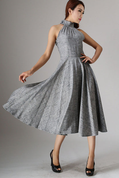 Sleeveless gray midi summer linen dress 988