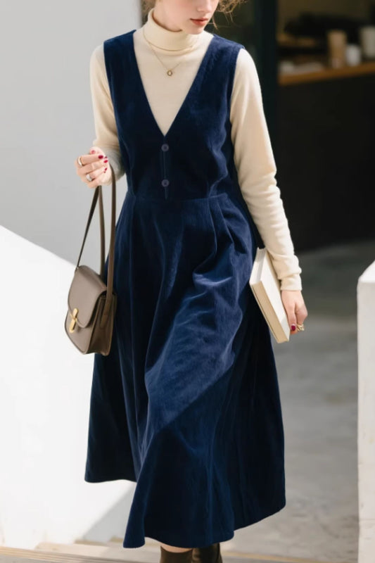 Blue Corduroy Pinafore Dress – Vintage Sleeveless Midi for Layering | Xiaolizi 6646