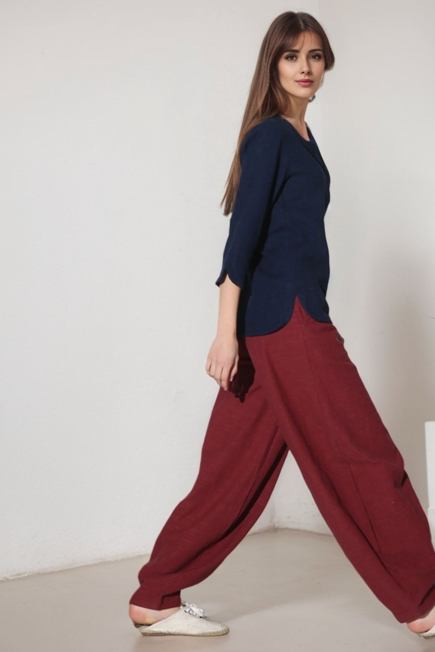 Women’s Burgundy Linen Blend Pants – Handmade Ankle-Length Loose Trousers | Xiaolizi 1160