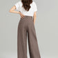 Brown wide leg long linen pants for women 4965