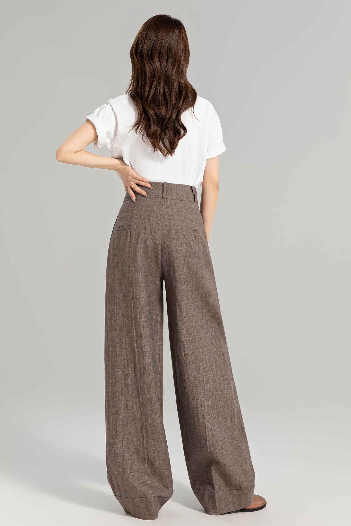 Brown wide leg long linen pants for women 4965