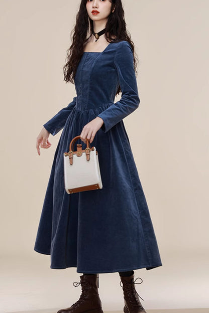Blue Corduroy Midi Dress - Square Neckline, Long Sleeves 4809