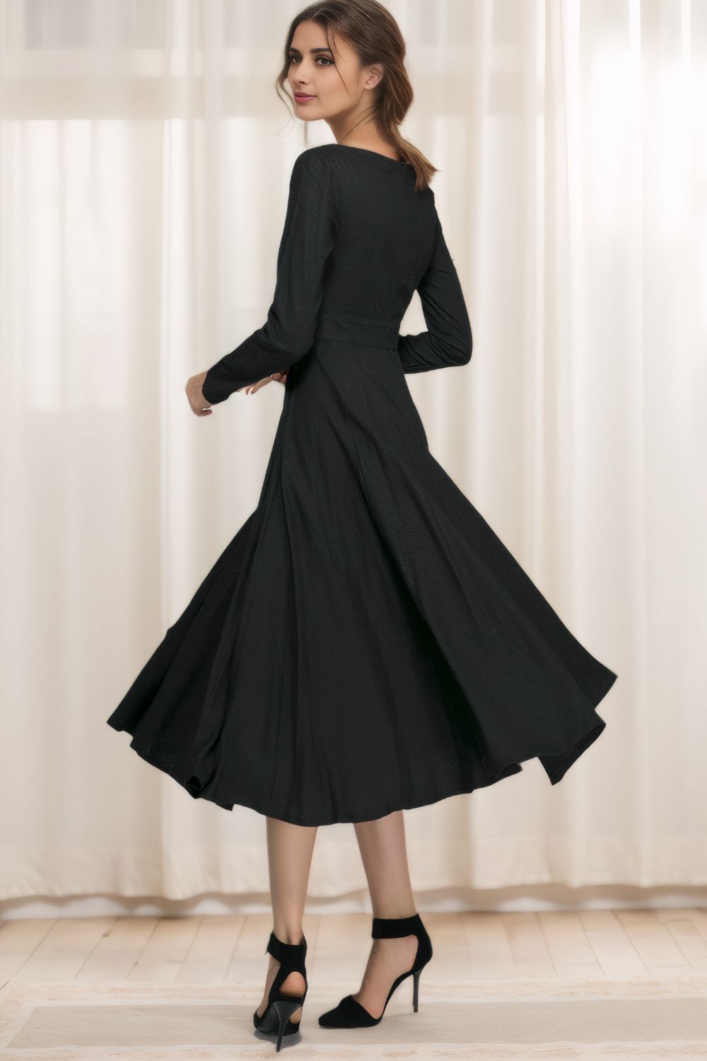 Classic Black Linen Midi Dress 5601