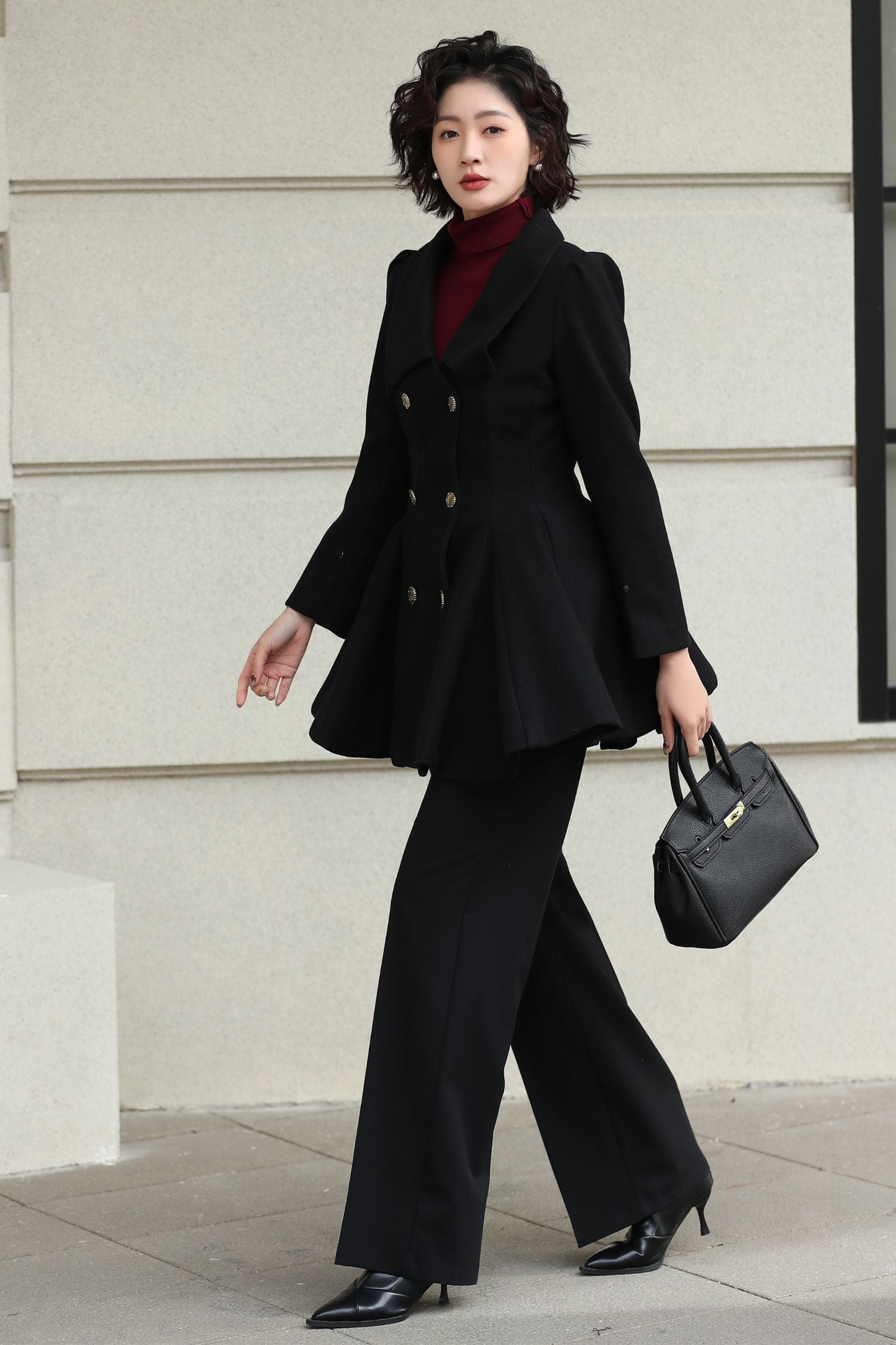 Handmade Burgundy Wool Coat Women – Peplum Double-Breasted Winter