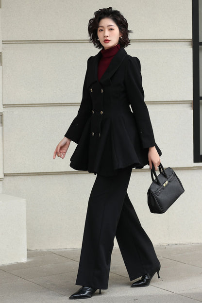 Xiaolizi Burgundy Wool Coat for Women – Handmade Double-Breasted Peplum Winter Coat 6616