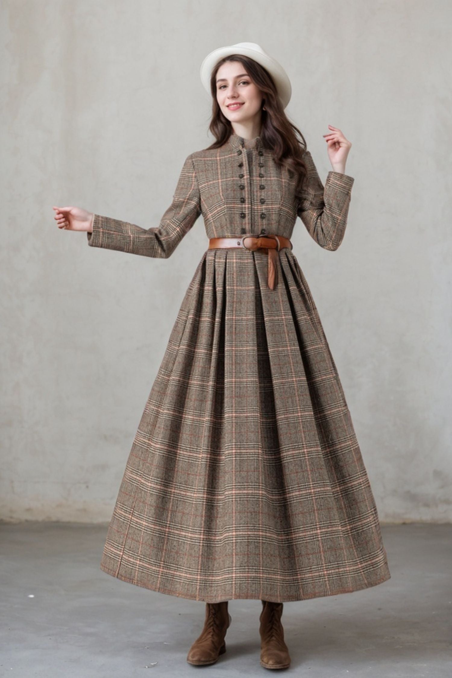 Plaid Wool Maxi Dress – Vintage Long Sleeve Winter Dress with Buttons Plaid / S