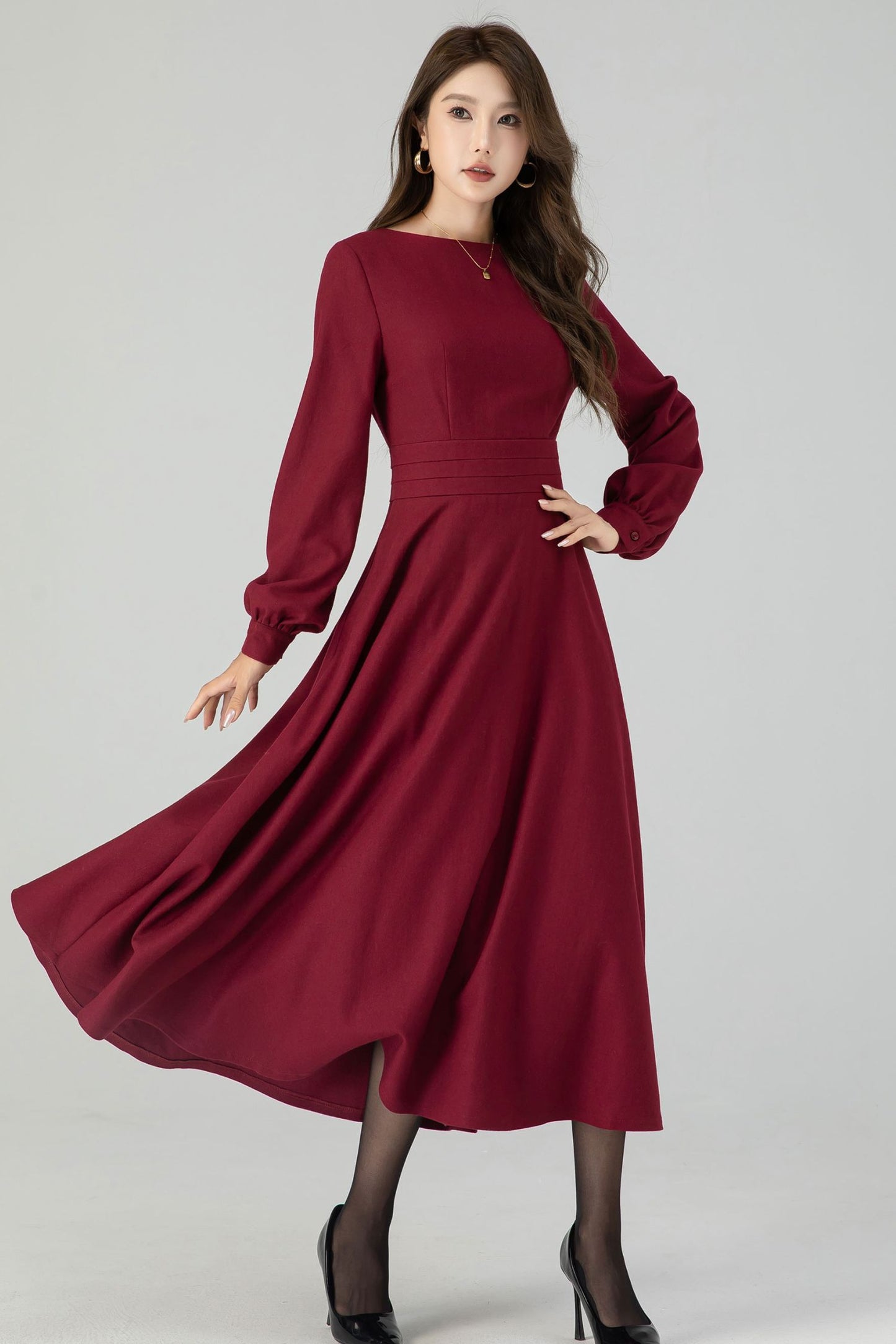 Burgundy swing winter wool dress for women 4550