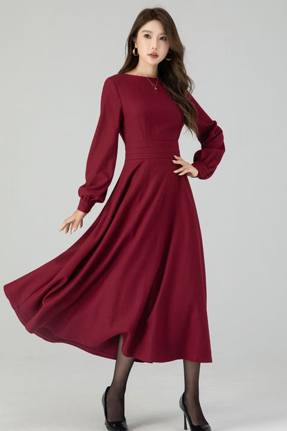 Green Wool Midi Dress - Lantern Sleeve, Swing Silhouette 4550