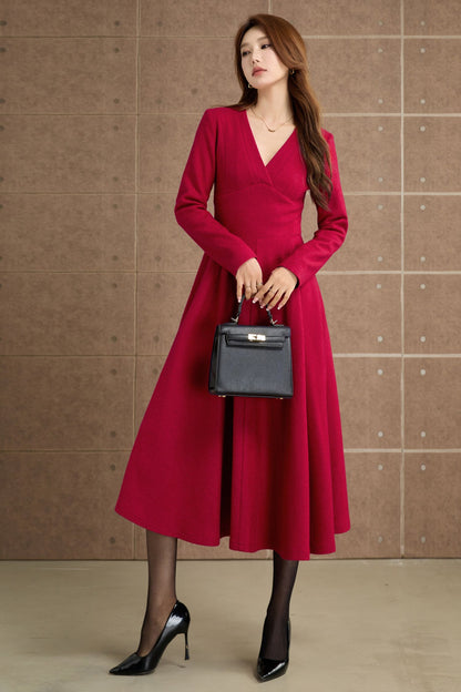Vintage Wool Blend Midi Dress – Handmade Fit & Flare Winter Dress | Xiaolizi 5357
