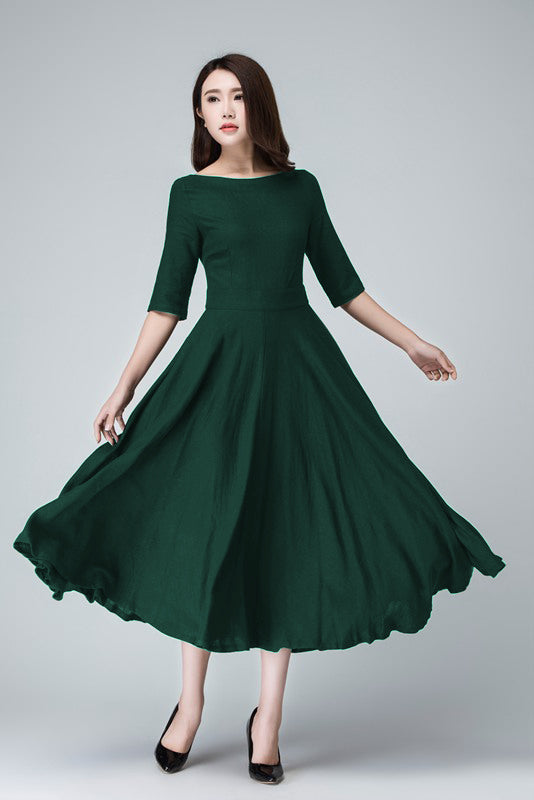 Green Linen Midi Dress with Pockets – Vintage Fit & Flare | Xiaolizi 6282