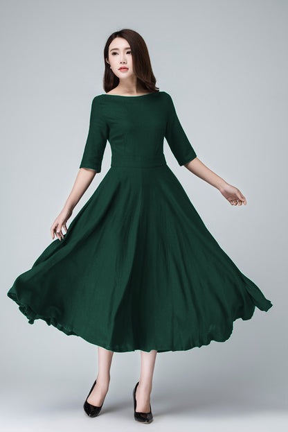 Green Linen Midi Dress with Pockets – Vintage Fit & Flare | Xiaolizi 6282