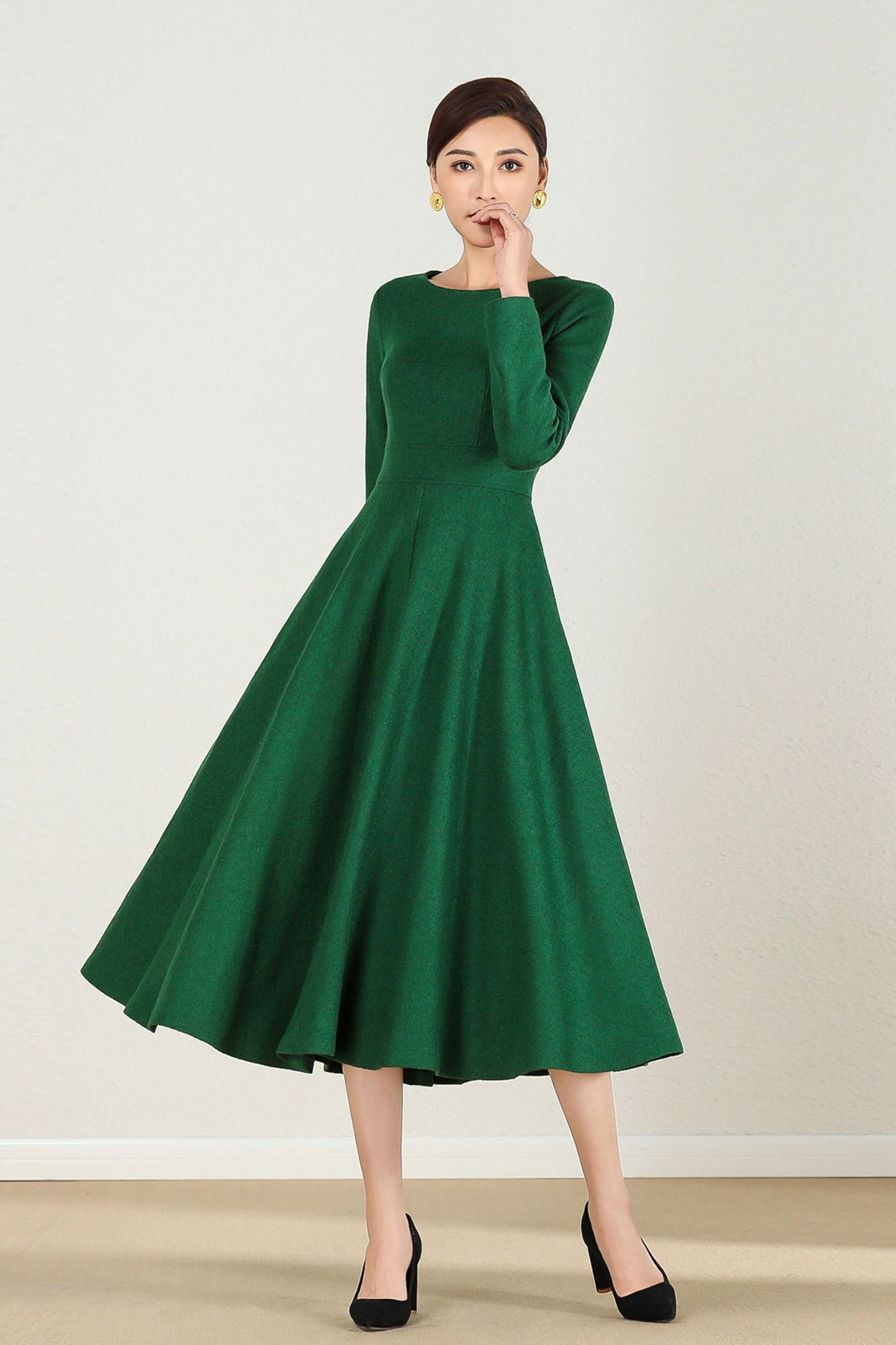 Emerald Green Wool Midi Dress Handmade Fit & Flare | Xiaolizi 2436 Green / XL Emerald Green Wool Midi Dress Handmade Fit & Flare | Xiaolizi 2436 Green / XL