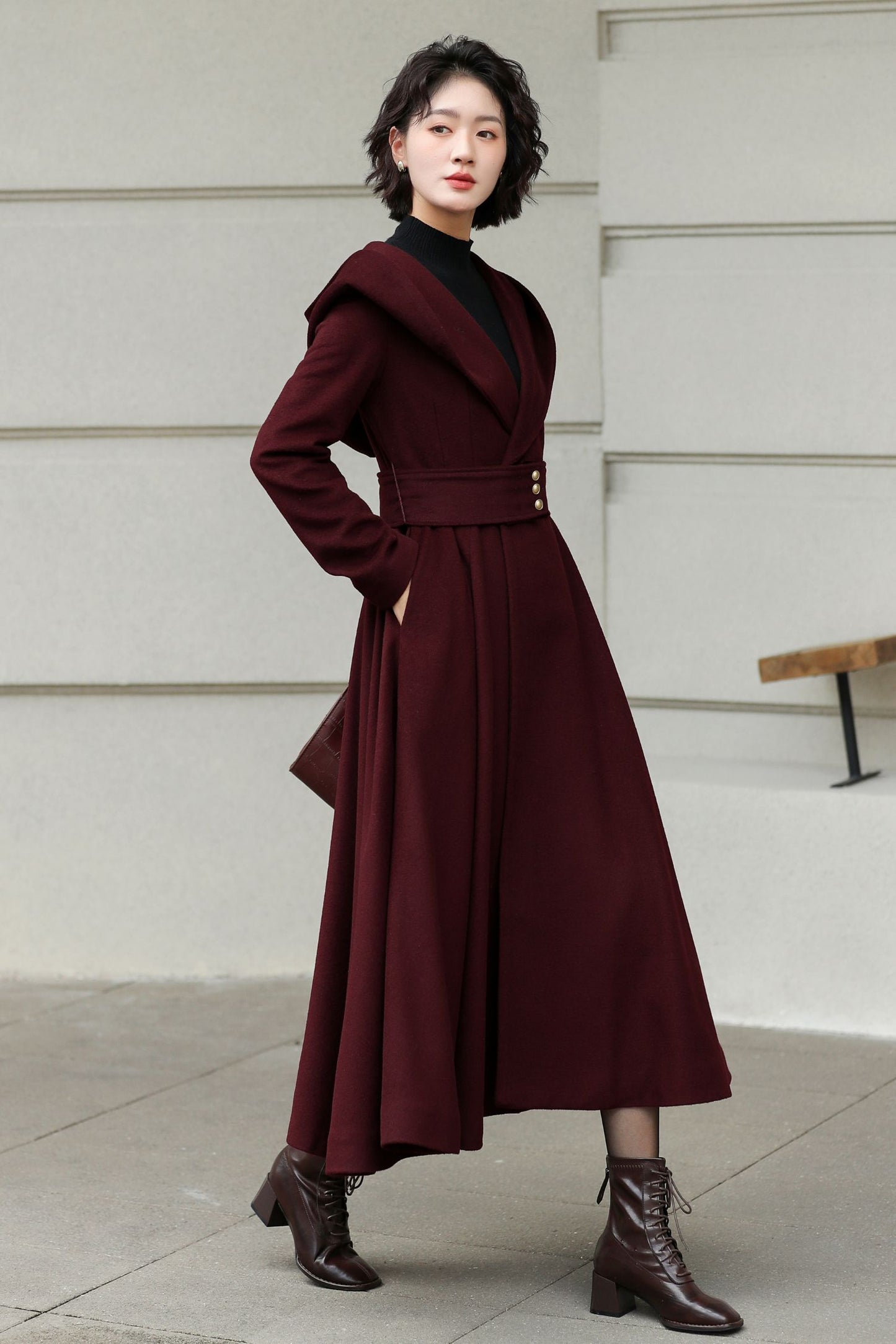 Handmade Hooded Long Wool Coat for Women – Elegant Winter Fashion 6534