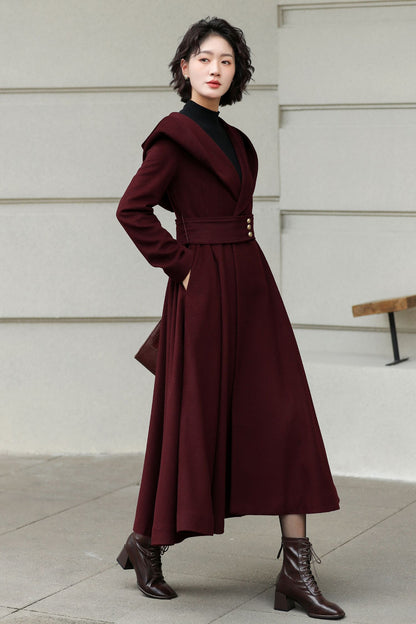 Burgundy Wool Long Coat - Hooded Oversize with Self Belt 6534