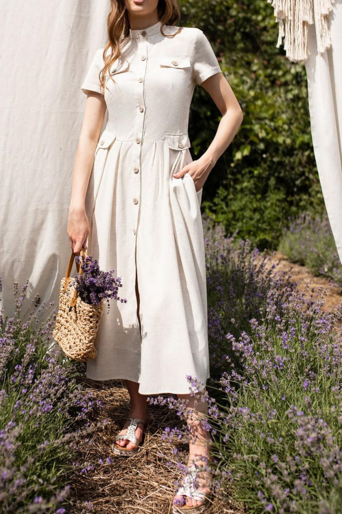 Button front white midi linen dress HY0018