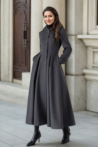 Dark Grey Wool Coat - Long Swing with Hooded Neck 4507
