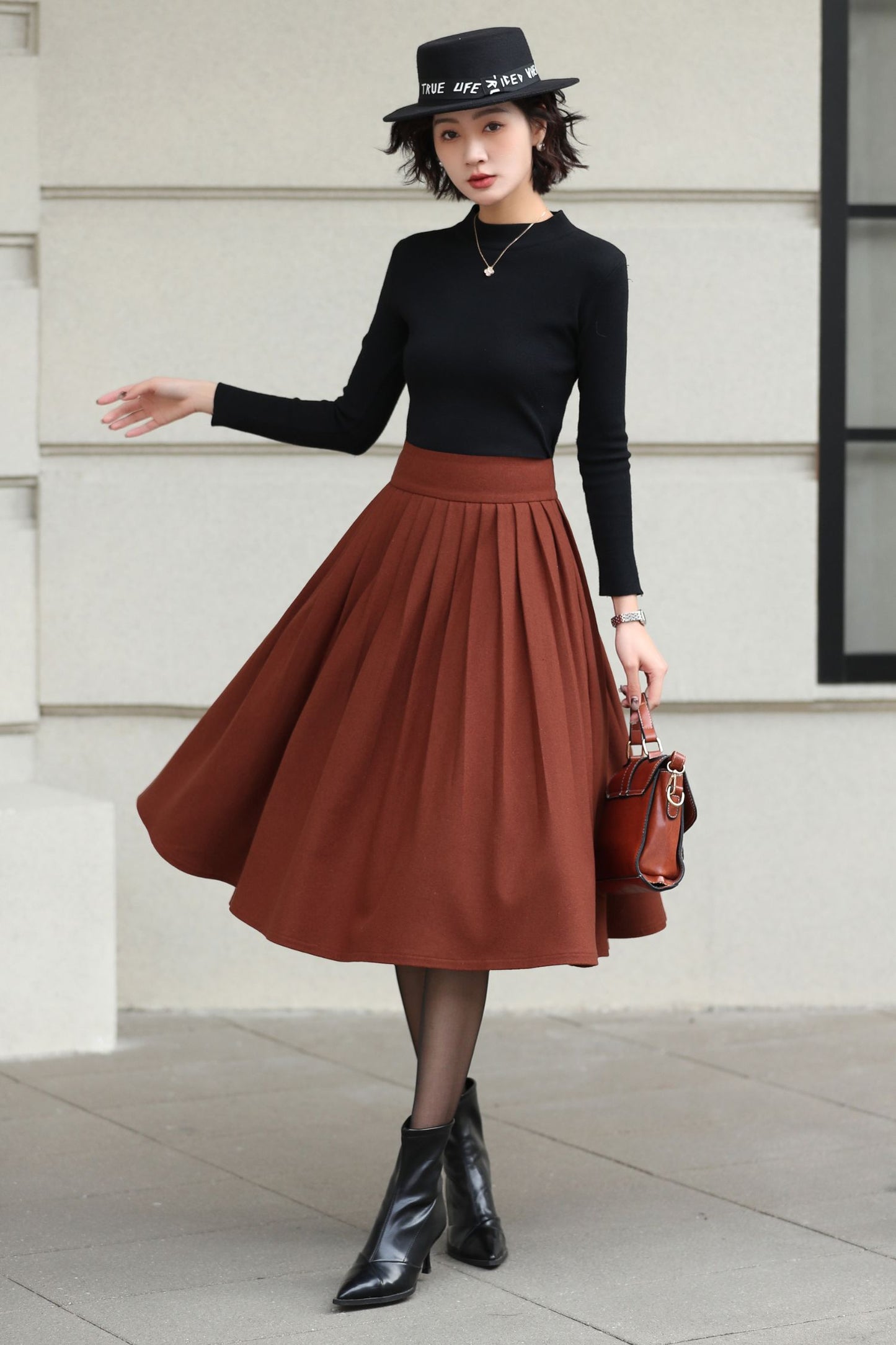 Xiaolizi Rust Brown Wool Midi Skirt for Women – Handmade High-Waist A-Line Winter Skirt 6608