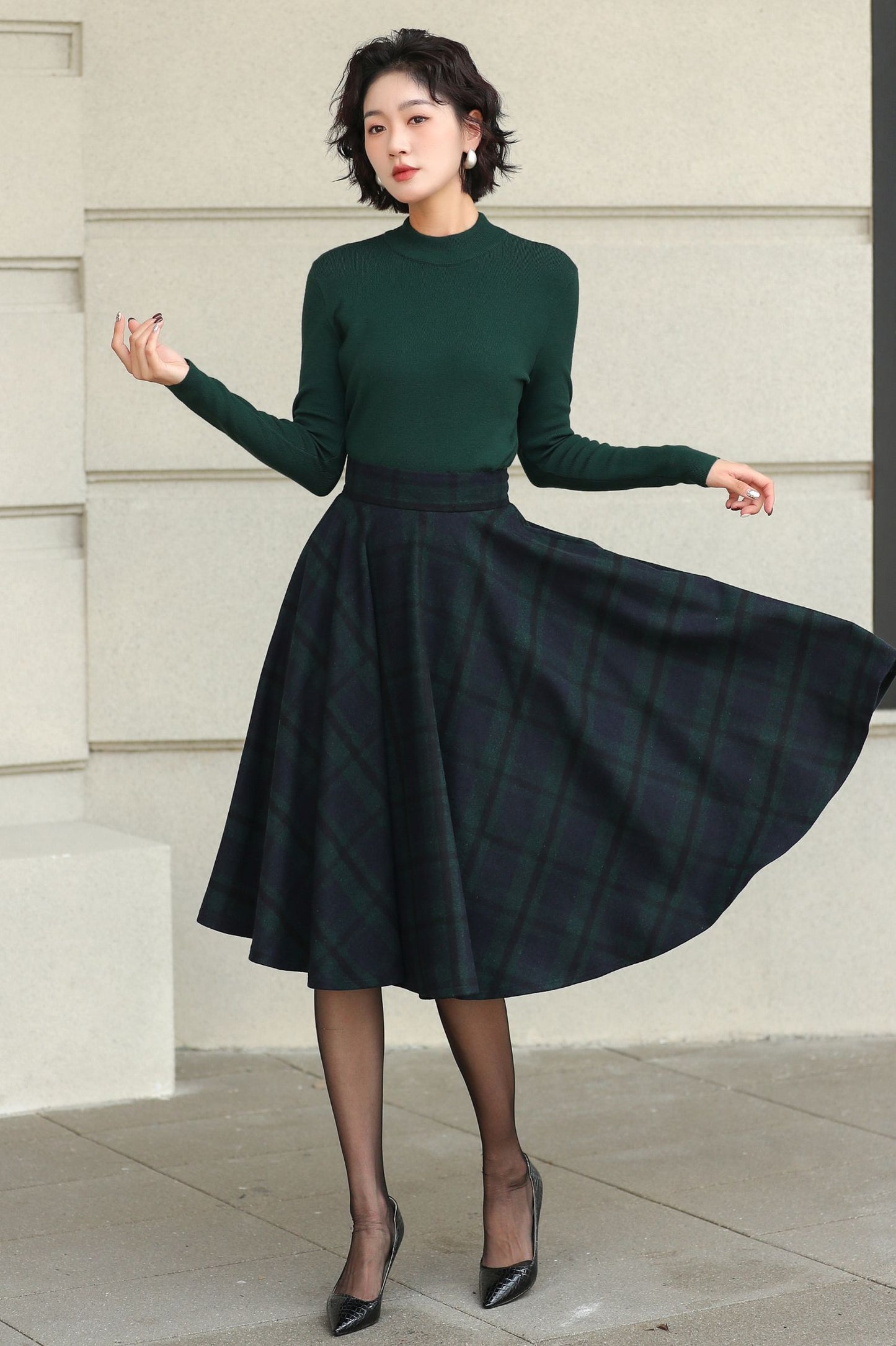 Knee length plaid winter wool skirt 6511
