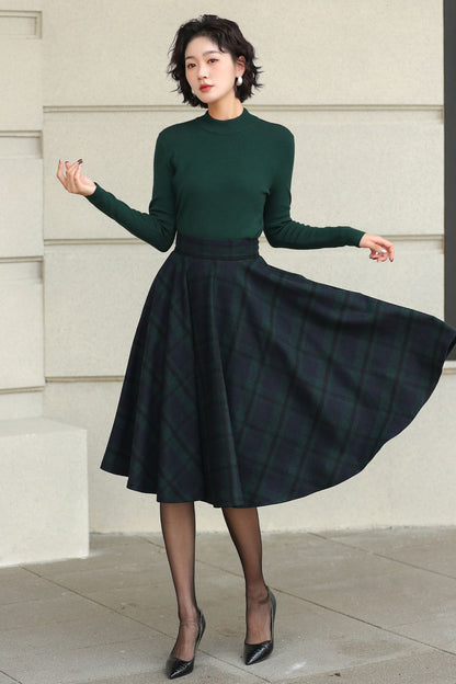 Plaid Wool A-Line Skirt – Knee Length Autumn Winter Skirt 6511