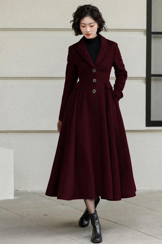 Handmade fit and flare burgundy winter wool coat 6533