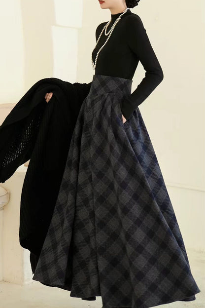 Vintage Navy Plaid Wool Swing Skirt- High Waist Swing  Winter Midi Skirt 7021