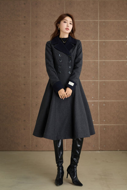 Charcoal Wool Fit and Flare Coat - Elegant Lapel Collar 5366
