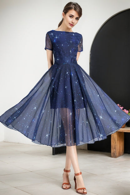 Navy Chiffon Midi Dress - Star Print Fit and Flared Silhouette 2334