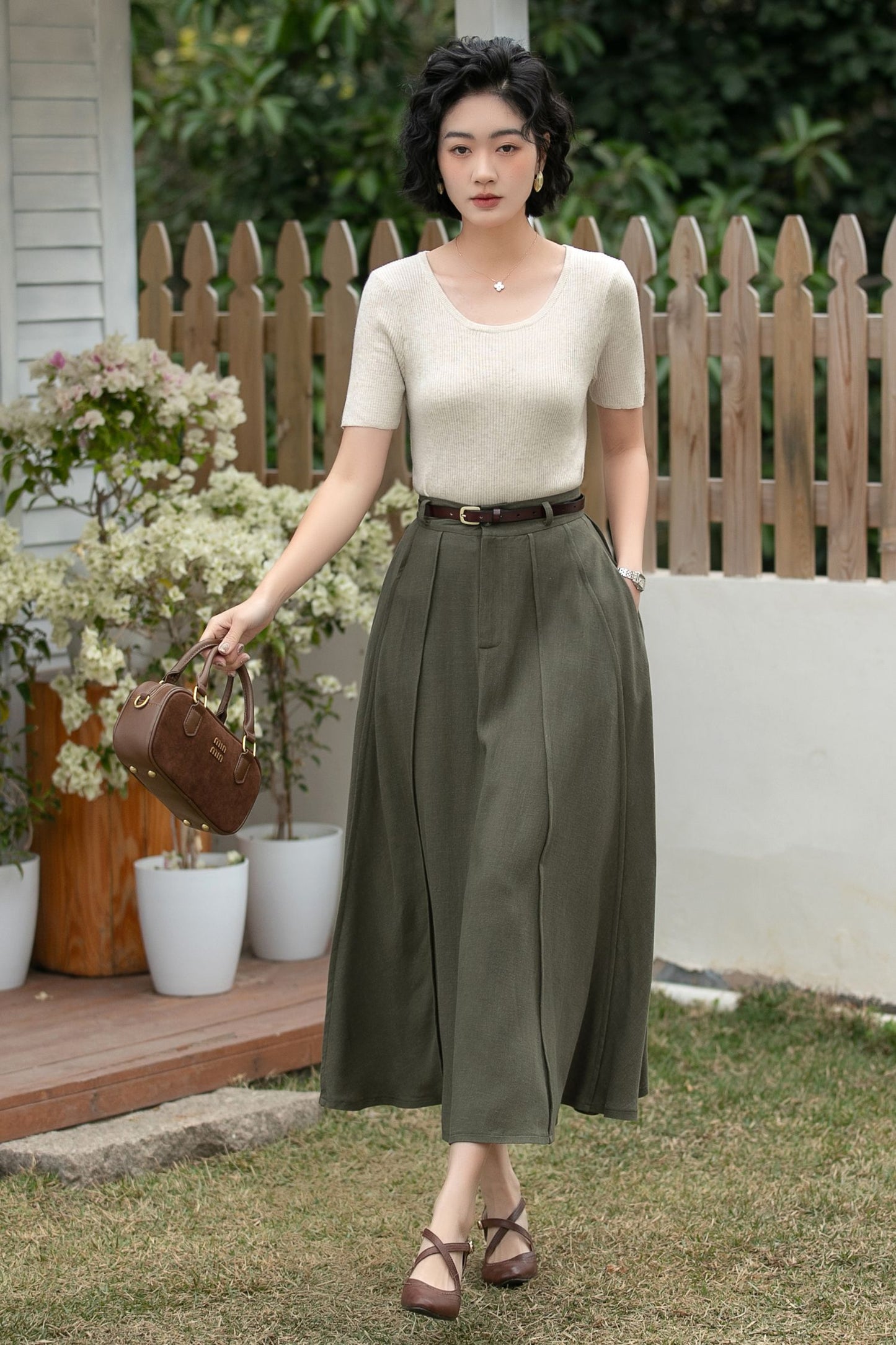 Xiaolizi Olive Green Linen Midi Skirt – Vintage High Waist A-Line 6696