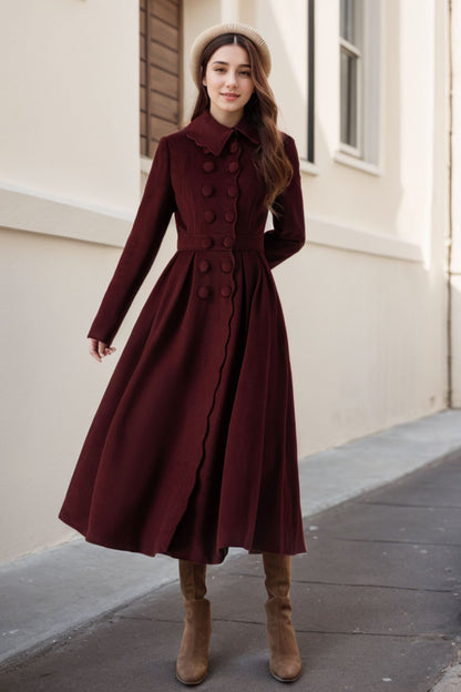 Burgundy Wool Maxi Coat - Pleated Fitted Waist with Scalloped Detail 5244