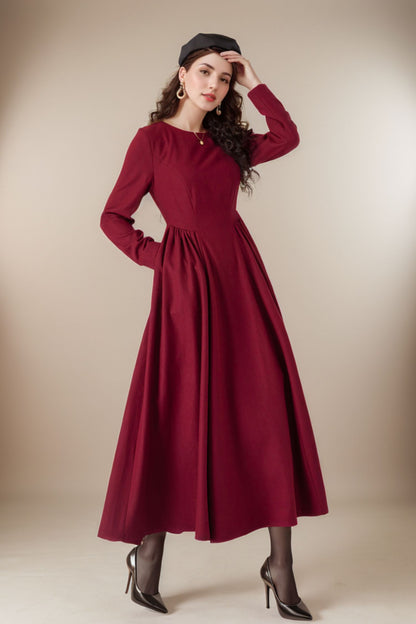 Fit and flare burgundy wool dress women 5235