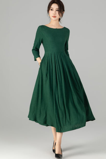 Handmade Emerald Green Linen Dress | 1950s Vintage Style Midi with Pleated Waist 5714