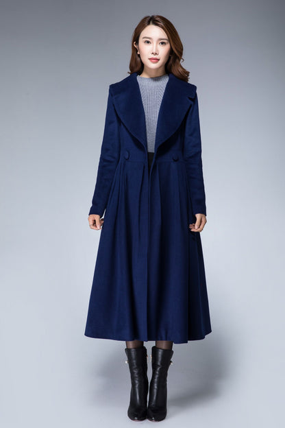 Elegant Navy Wool Blend Coat – Handmade Fit & Flare Princess Midi Coat | Xiaolizi 1866