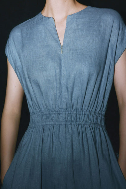 Blue Linen Midi Dress - A-Line Silhouette with Cap Sleeves HY0021