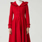 long red wool dress coat with ruffle details 2052