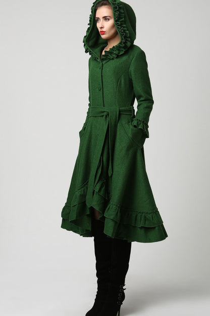 Womens Dark Green Wool Maxi Coat with Hood 1120#