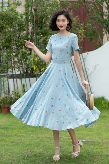 Blue Linen Cotton Fit and Flare Dress - Embroidered, Boat Neck 5204