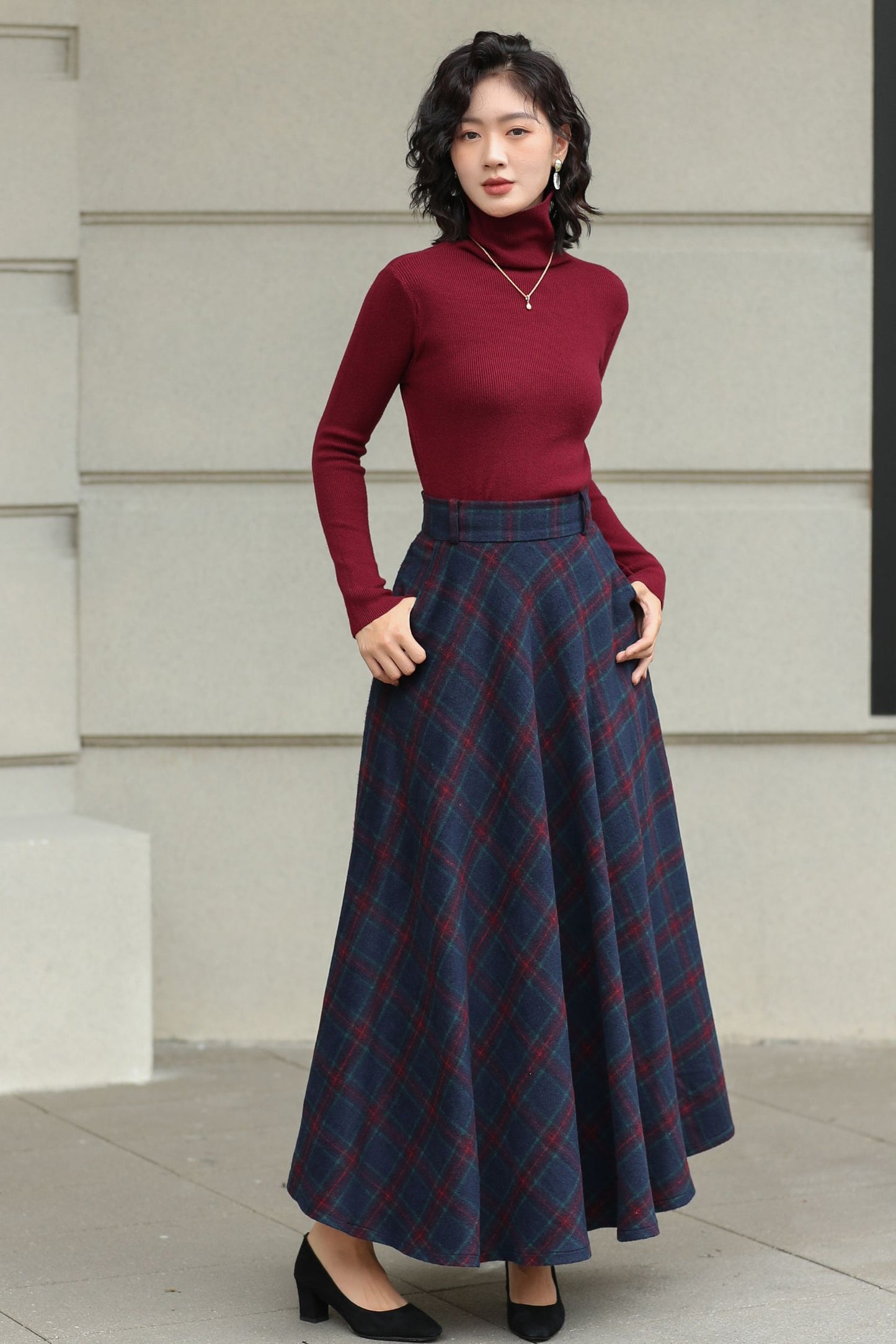Handmade Charcoal Grey Plaid Wool Maxi Skirt – High Waist Winter Elegance | Xiaolizi 6426