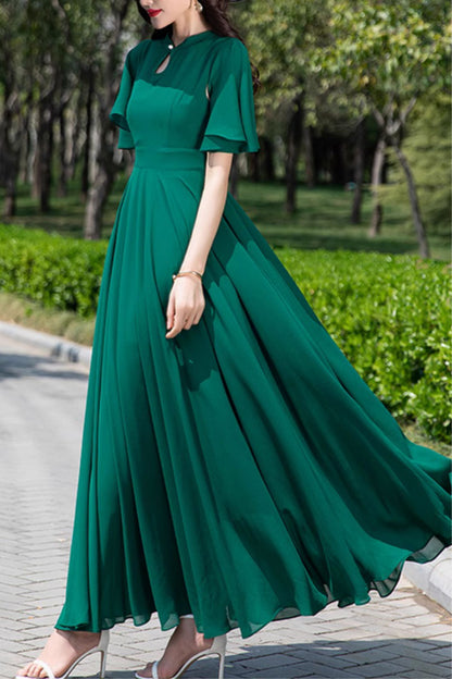 Green Chiffon Maxi Dress - Fit and Flare with Swing Sleeves 5167