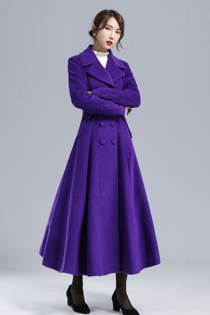 Purple Wool Coat - Vintage Double-Breasted Fit-and-Flare Overcoat 3237