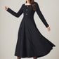 Long sleeves black midi wool dress 5246