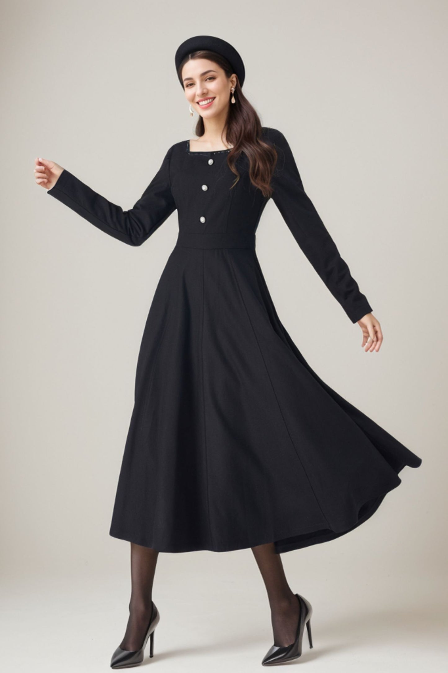 Long sleeves black midi wool dress 5246