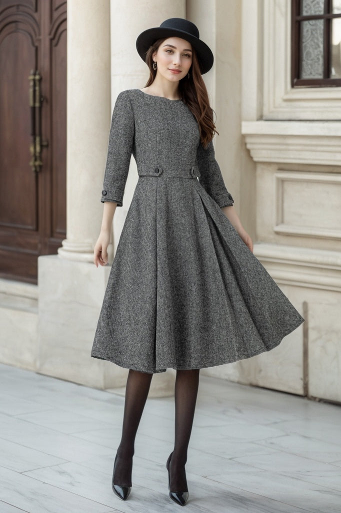winter flare dress Wool Blend Fit and Flare Midi Dress Vintage Winter Dress 5301 Gray / XL