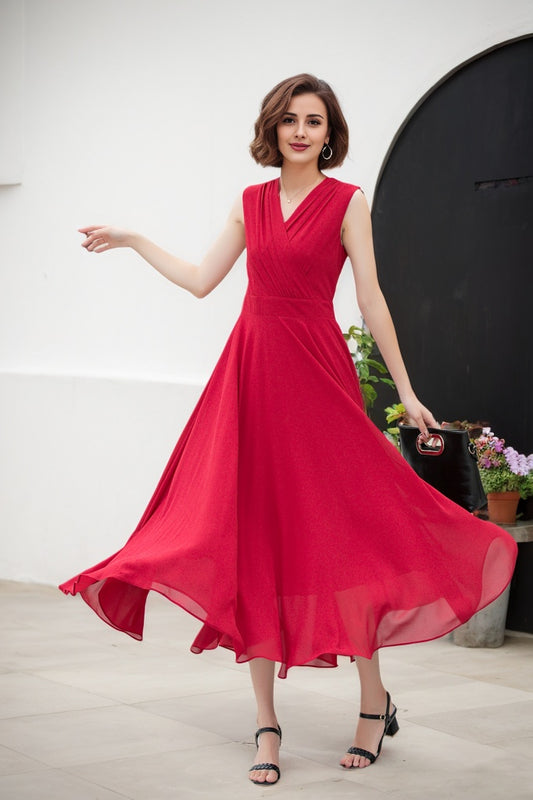 Burgundy sleeves summer prom chiffon dress 5173